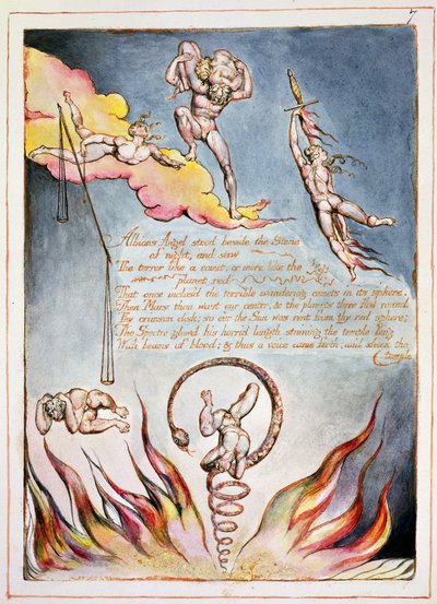 ألبيون أنجل ستود بجانب ، اللوحة 5 من "أمريكا ، نبوءة" ، 1793 (النقش البارز والمراحيض على الورق) بواسطة وليام بليك